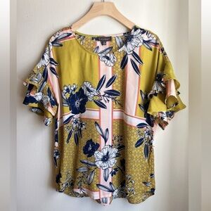 Versona Luxology Floral Blouse Ruffle Sleeve Belted Waist AnthroStyle